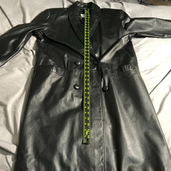 Vintage Charles Klein Womens Leather Trench Cota Small Black Button Front Biker - Picture 8 of 16